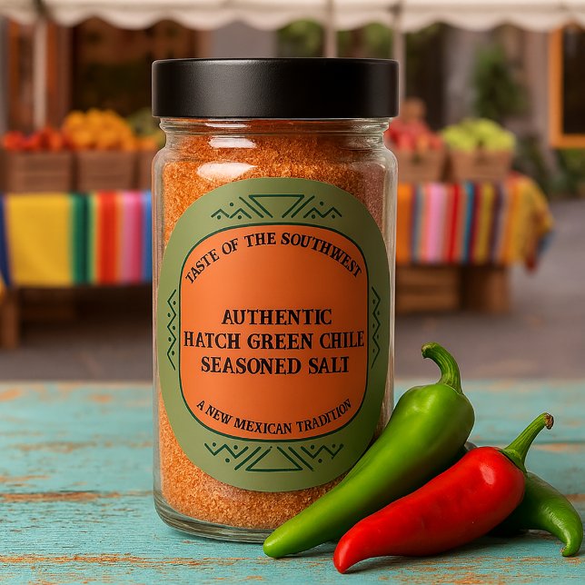 Authentic Hatch Green Chile Custom Spice Label (spice jar label shown on seasoned hatch chile salt at southwestern farmers market)