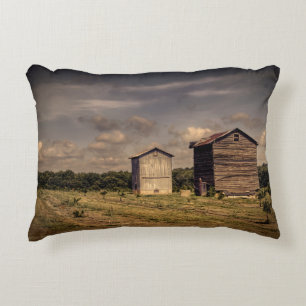 Authentic old time pair of tobacco barns. decorative cushion
