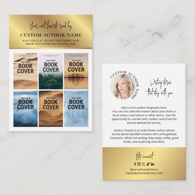 Author Book Series Photo Collage White & Gold Business Card (Front/Back)