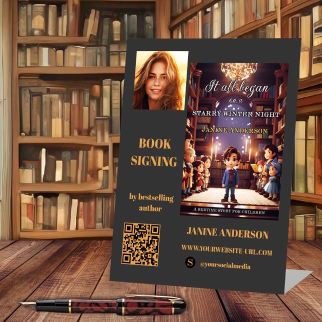Author Book Signing Photo QR Code  Pedestal Sign (Author book signing business tabletop sign template. With custom photos, QR code and social media )