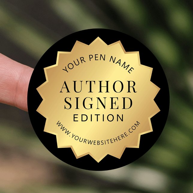 Author Signed Edition Gold Book Signing Sticker (Black and faux gold customizable Signed by Author round stickers)