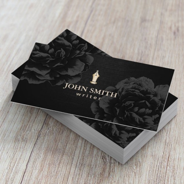 Author Writer Gold Pen Nib Elegant Black Floral Business Card (Creator Uploaded)