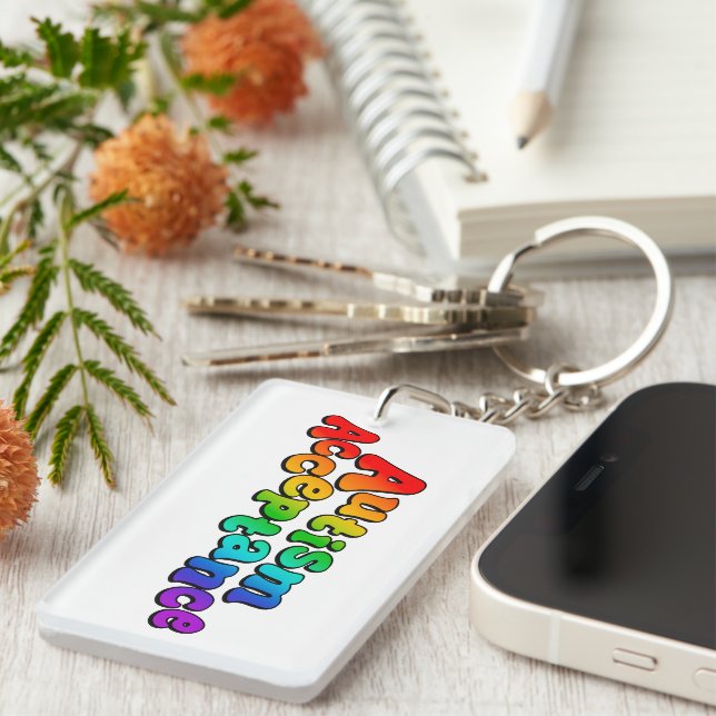 Autism Acceptance Rainbow Typography Key Ring (Front Right)