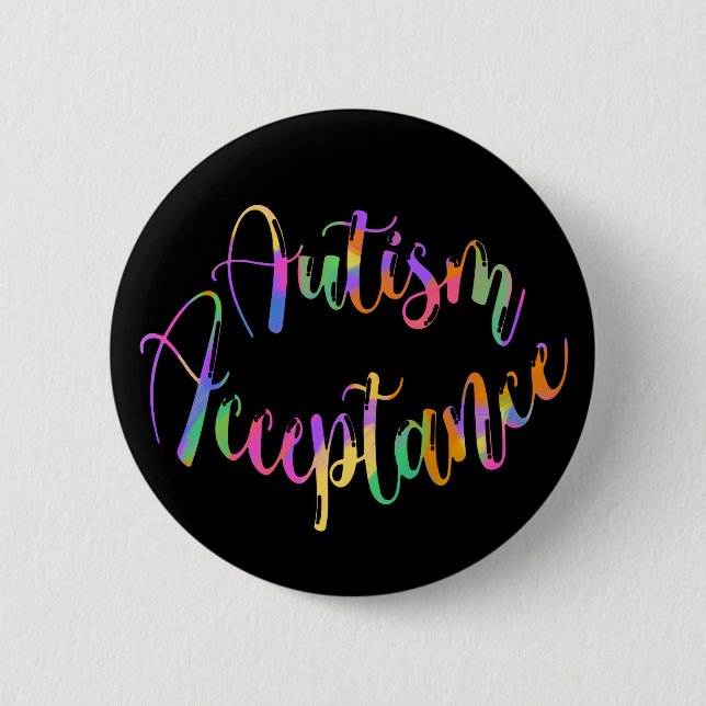 Autism Acceptance Rainbow Typography on Black 6 Cm Round Badge (Front)