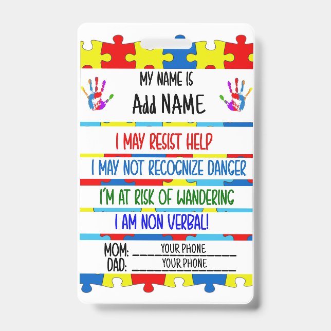 Autism Alert Nonverbal Autistic Contact Badge ID Badge (Front)