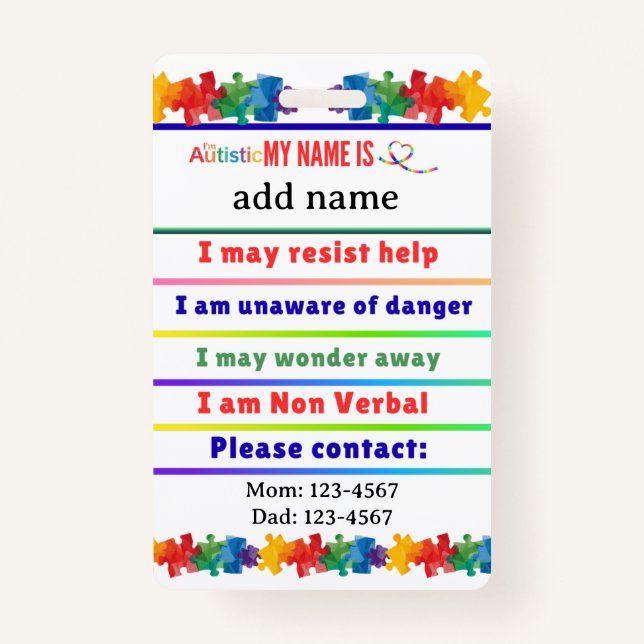 Autism Alert Nonverbal Autistic Contact  ID Badge (Front)