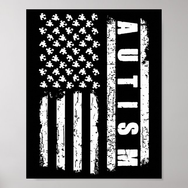 Autism  American Flag Autism Awareness Puzzle vint Poster (Front)