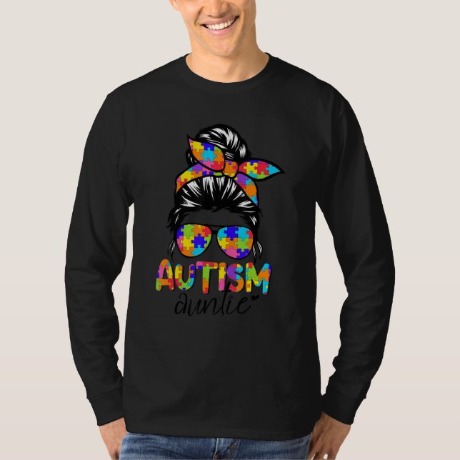 Autism Auntie Puzzle  Autism Awareness Messy Bun G T-Shirt (Front)