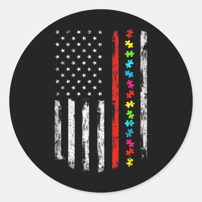 Autism Awareness 4th July Thin Red Line Firefighte Classic Round Sticker (Front)