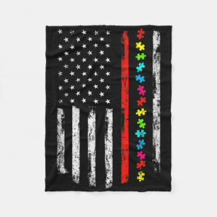 Autism Awareness 4th July Thin Red Line Firefighte Fleece Blanket