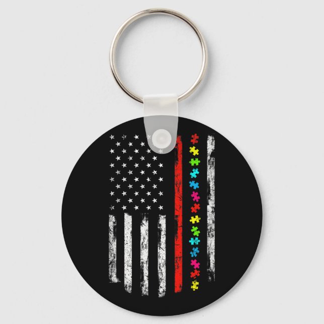 Autism Awareness 4th July Thin Red Line Firefighte Key Ring (Front)