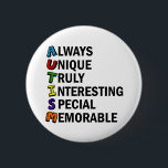 Autism Awareness Acrostic Cute Rainbow Word Poem 6 Cm Round Badge<br><div class="desc">A beautiful acrostic word poem for Autism. Always Unique Truly Interesting Special Memorable. Great positive attributes of being autistic to show you are proud of being on the spectrum. Acronyms are so cool.</div>