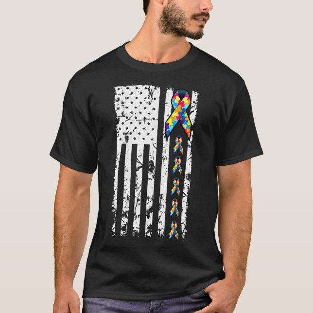 Autism Awareness American Flag Distressed Tee (Front)
