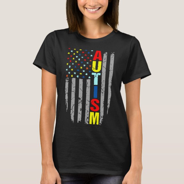 Autism Awareness American Flag Puzzle Piece T-Shirt (Front)