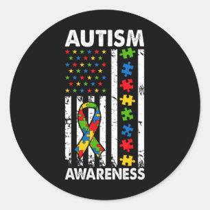 Autism Awareness American Flag Puzzle Ribbon Dad M Classic Round Sticker