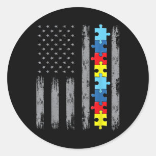Autism Awareness American Flag Shirt, Autistic Us  Classic Round Sticker