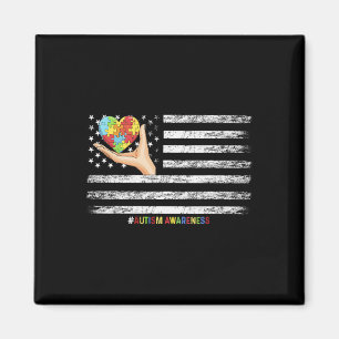 Autism Awareness American Flag Usa Hand With A Hea Magnet