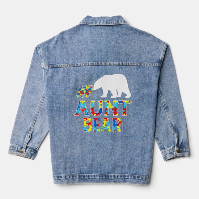 Autism Awareness Aunt Bear Puzzle Support Autistic Denim Jacket (Back)