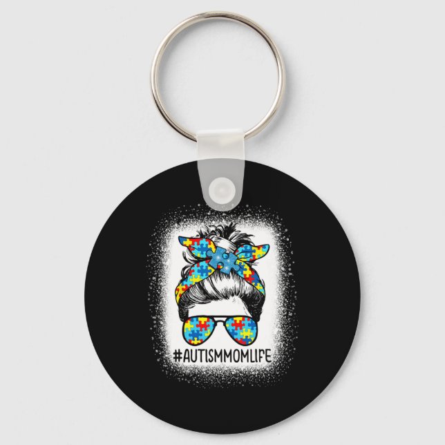 Autism Awareness Autism Mum Life Messy Hair Bun Mo Key Ring (Front)