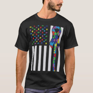 Autism Awareness Autism Ribbon US Flag Support Aut T-Shirt