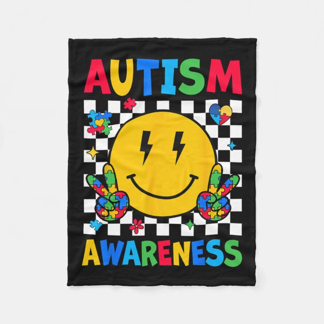 Autism Awareness Autism Squad Support Smile Face W Fleece Blanket (Front)