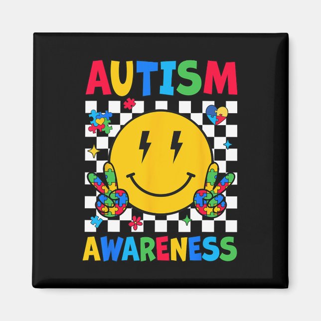 Autism Awareness Autism Squad Support Smile Face W Magnet (Front)