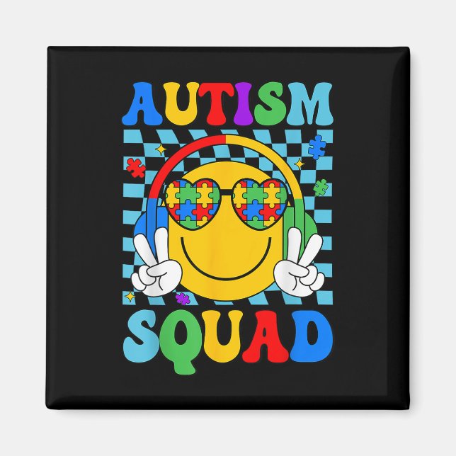 Autism Awareness Autism Squad Support Smile Face W Magnet (Front)