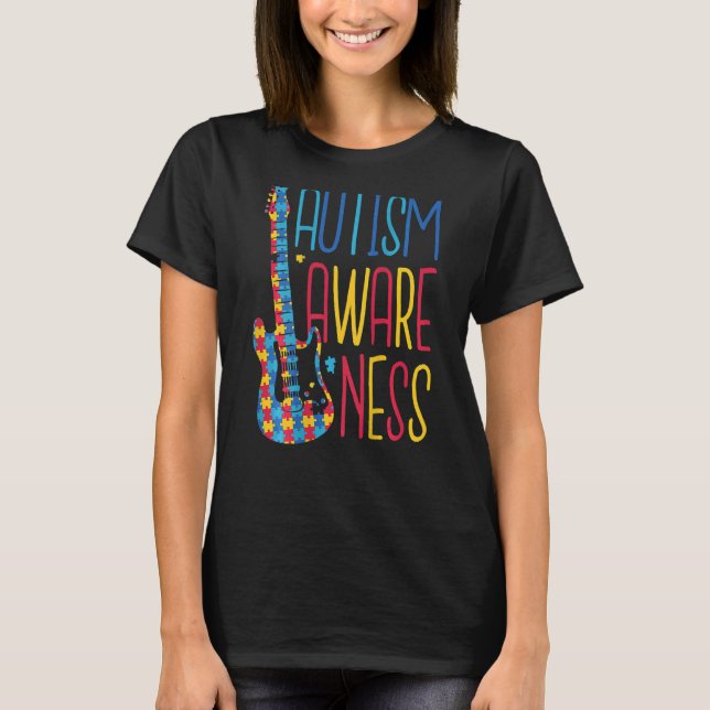 Autism Awareness Autistism Puzzle Guitar T-Shirt (Front)