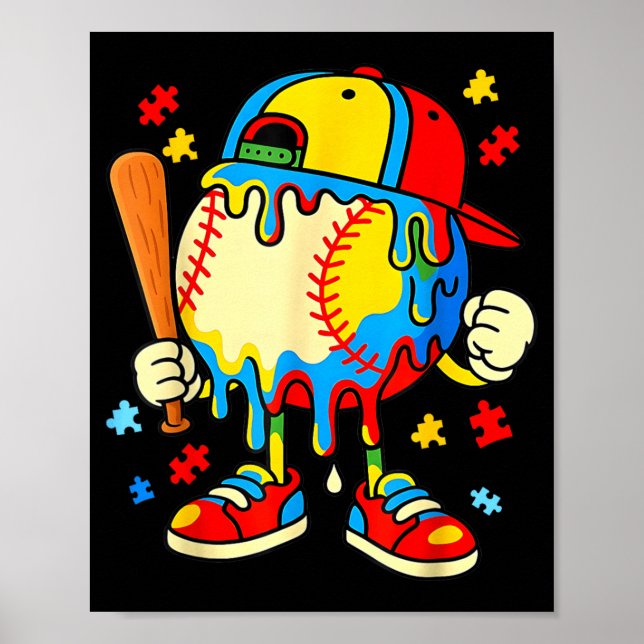 Autism Awareness Baseball Ice Cream Drip Boys Poster (Front)