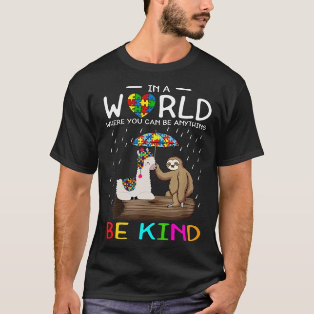 Autism Awareness Be Kind Cute Llama & Sloth Puzzle T-Shirt (Front)