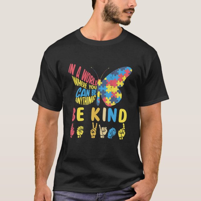 Autism Awareness Be Kind Puzzle Sign Language Hand T-Shirt (Front)
