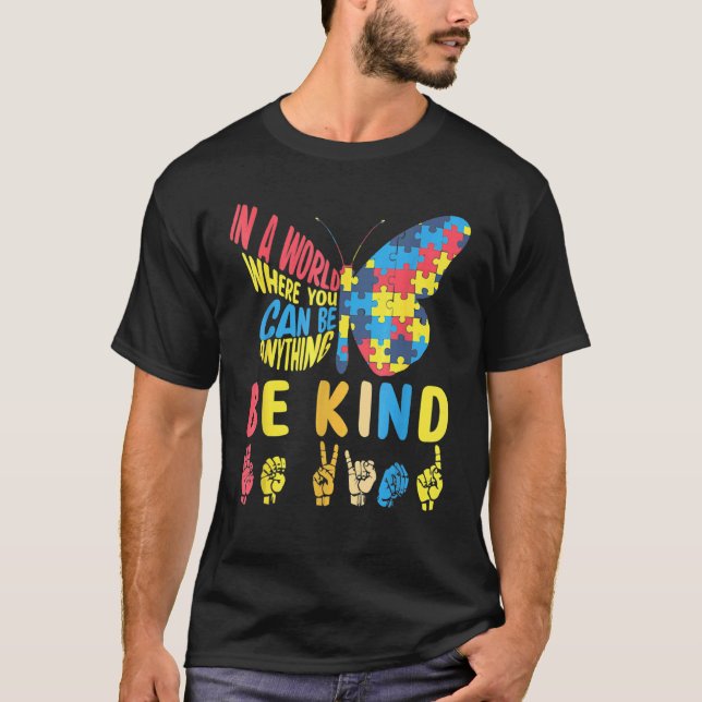 Autism Awareness Be Kind Puzzle Sign Language Hand T-Shirt (Front)