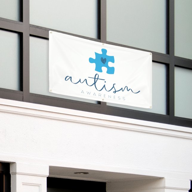 autism awareness blue puzzle piece heart  banner (Outside Building)