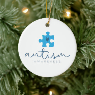 autism awareness blue puzzle piece heart  ceramic tree decoration