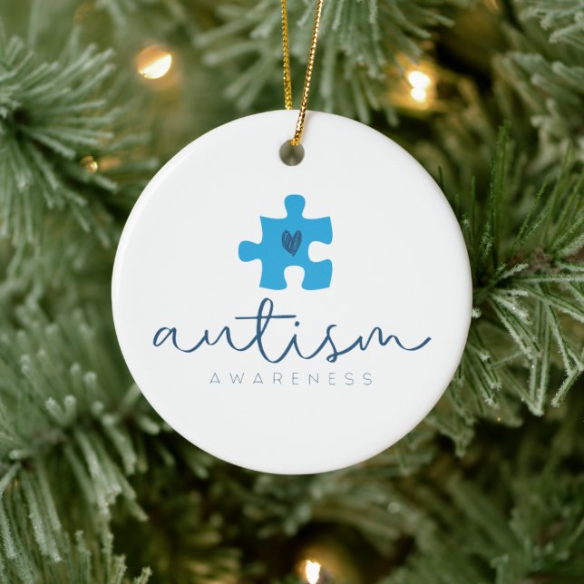 autism awareness blue puzzle piece heart  ceramic tree decoration (Tree)