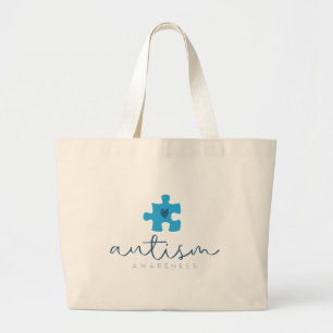 autism awareness blue puzzle piece heart large tote bag