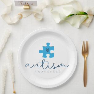 autism awareness blue puzzle piece heart paper plate