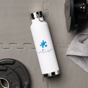 autism awareness blue puzzle piece heart  water bottle