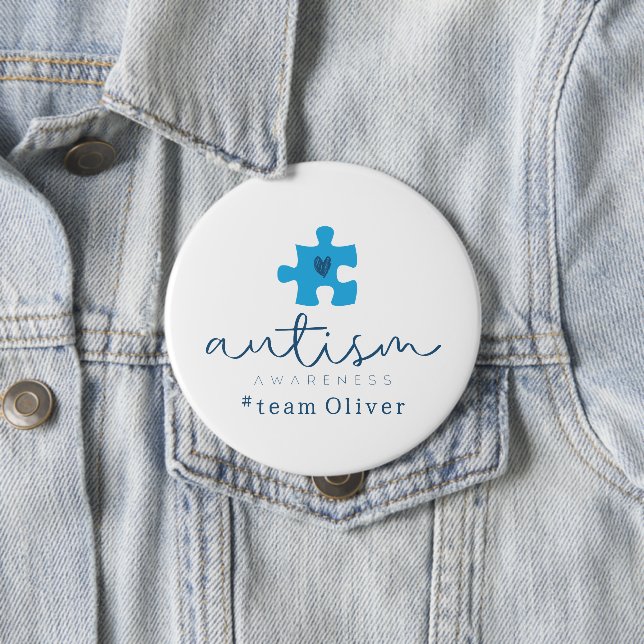 autism awareness blue puzzle piece #team name  10 cm round badge (In Situ)