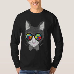 Autism Awareness Cat Face Sunglasses Puzzle Piece  T-Shirt