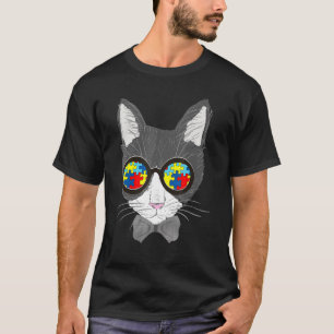 Autism Awareness Cat Face Sunglasses Puzzle Piece  T-Shirt