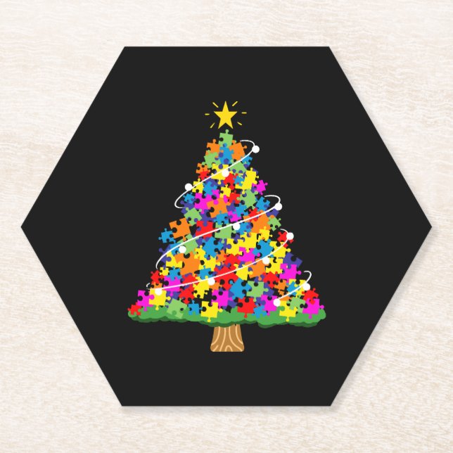 Autism Awareness Christmas Tree Paper Coaster (Front)