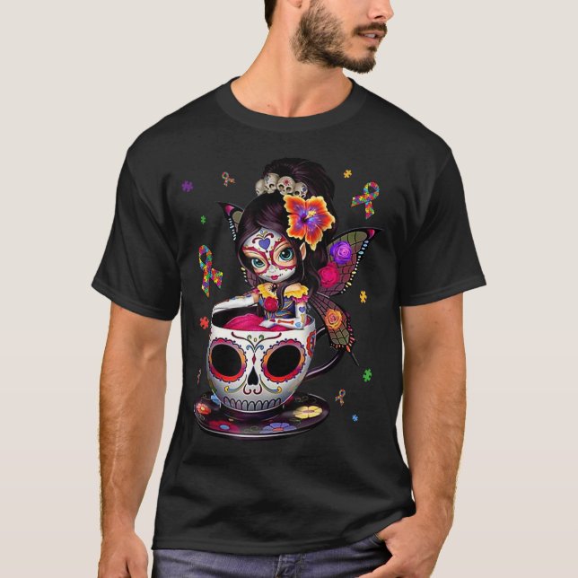 Autism Awareness Coffee Sugar Skull Girl Autism Da T-Shirt (Front)