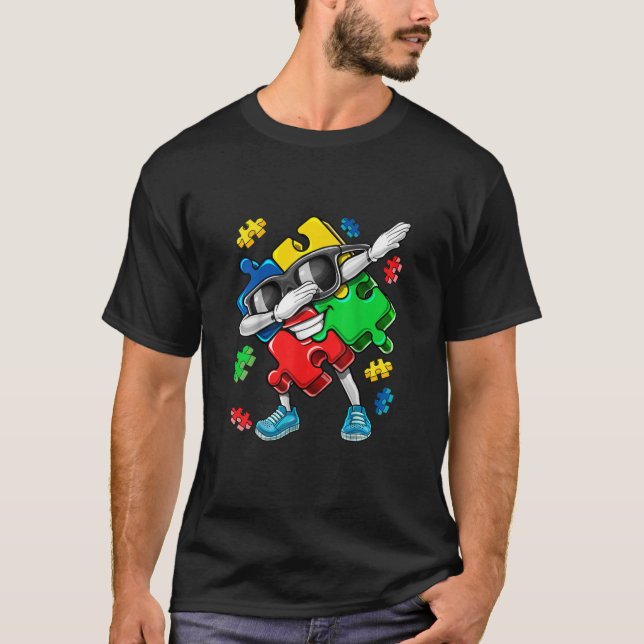 Autism Awareness Dabbing Puzzle Piece Kids Gift Bo T-Shirt (Front)