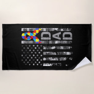 Autism Awareness Dad USA Flag Fathers day Beach Towel