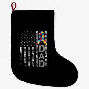 Autism Awareness Dad USA Flag Fathers day Large Christmas Stocking