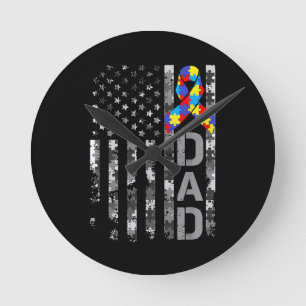 Autism Awareness Dad USA Flag Fathers day Round Clock