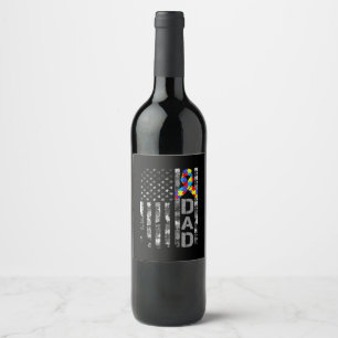 Autism Awareness Dad USA Flag Fathers day Wine Label