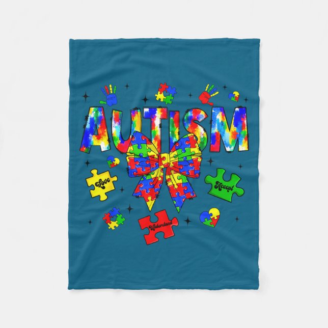 Autism awareness day coquette bow puzzle pieces fleece blanket (Front)