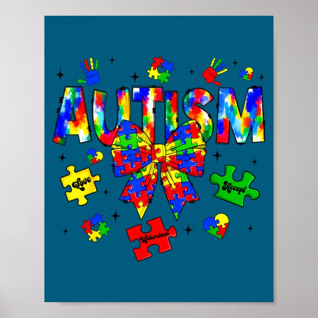 Autism awareness day coquette bow puzzle pieces poster (Front)